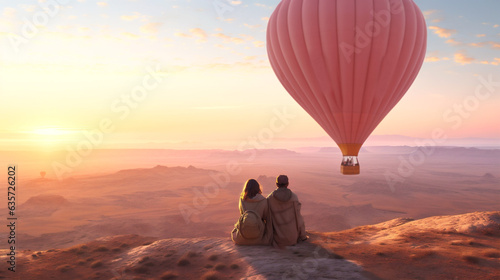 Young couple of tourists sits on mountain and, watching pink balloons. Magical landscape of Cappadocia at dawn. Generative Ai content