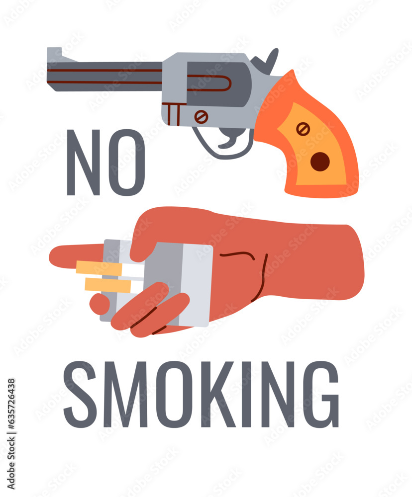 No smoking concept. No smoking banner decorated gun and hand with pack of cigarettes.