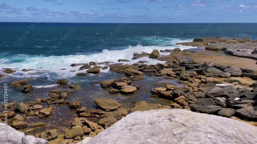 4k Video -Breathtaking coastal, cliff and ocean views on the scenic Cape Baily Track at Kurnell in Kamay National Park, South Sydney, Australia. Zooming in close up to the waves crashing on the rocky 4k Video -Breathtaking coastal, cliff and ocean views on the scenic Cape Baily Track at Kurnell in Kamay National Park, South Sydney, Australia. Zooming in close up to the waves crashing on the rocky