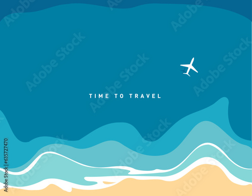 Print op canvas Top view of the sea reaching the coastline, plane with shadow, time to travel, v