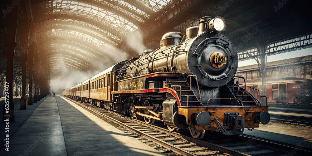 illustration of an ancient steam locomotive, generative AI - obrazy, fototapety, plakaty 