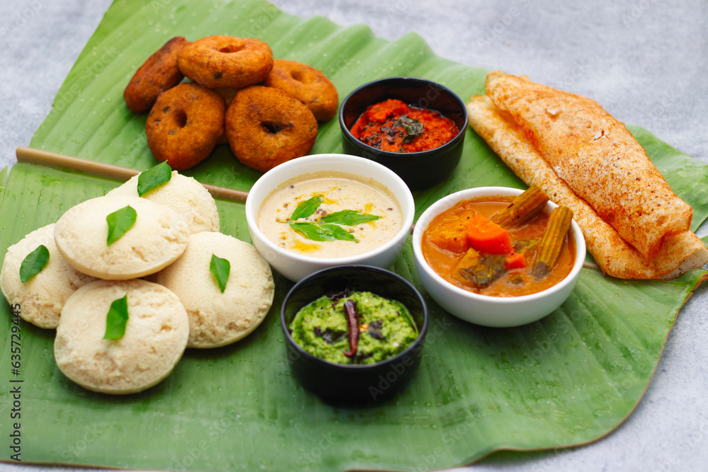 selective focus of famous South Indian food "Idli Vada", "Medu Vada