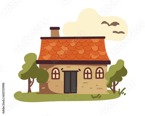 Old house with trees in cartoon style, flat vector illustration
