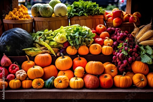 Bountiful harvest produce. Autumn background with pumpkins, apples and other seasonal vegetables. Autumn background.