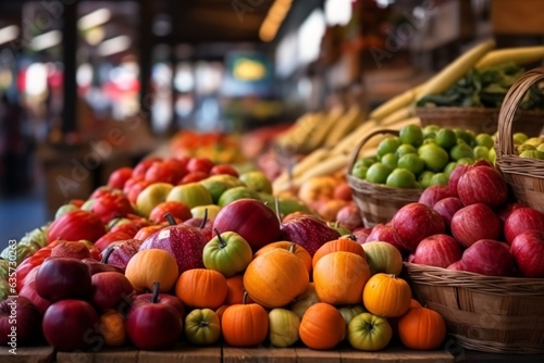 Bountiful harvest produce. Autumn background with pumpkins, apples and other seasonal vegetables. ruits and vegetables on the counter of a market in the city.. Autumn background.