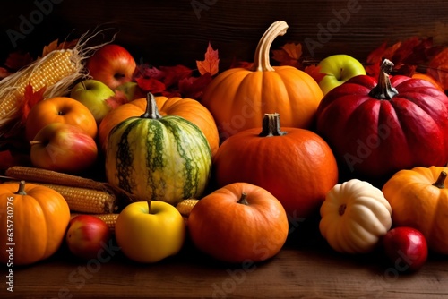 Bountiful harvest produce. Autumn background with pumpkins, apples and other seasonal vegetables. Autumn background.