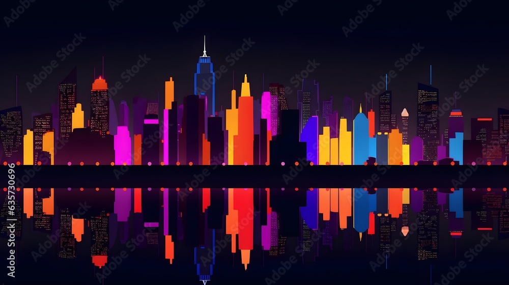 City colorful paint, colored digital, bright iridescent evening sunset