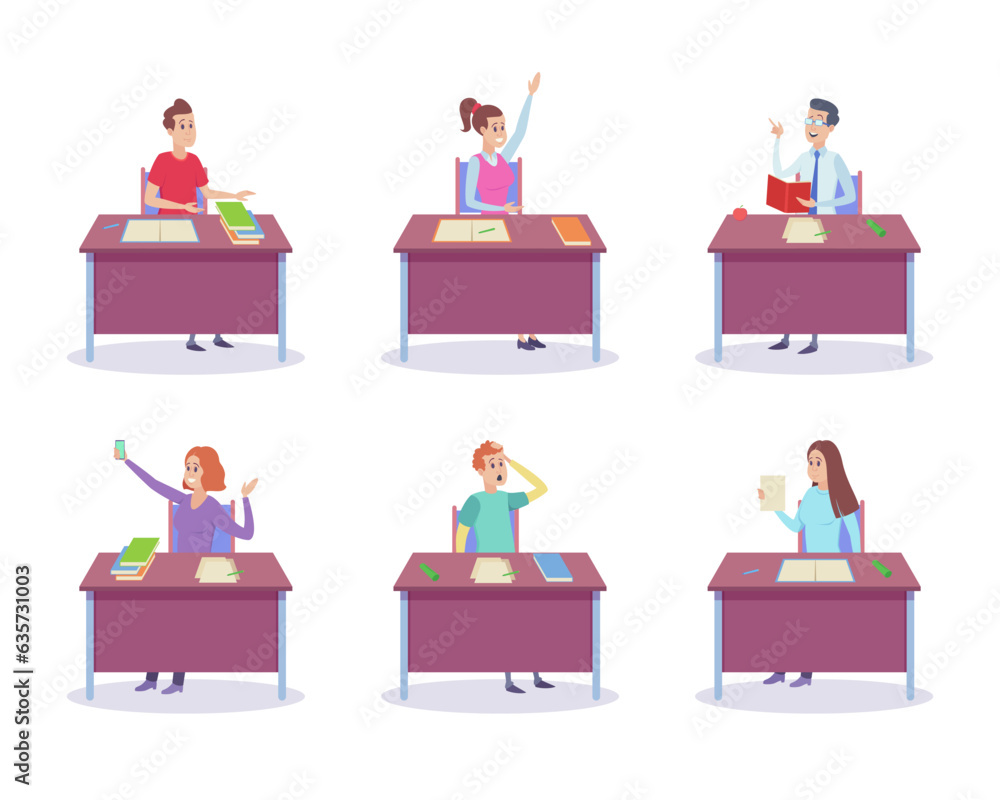 Happy students studying at desk vector illustrations set. Young people raising hand to answer question, reading book, taking selfie with smartphone. Learning classroom, education concept Happy students studying at desk vector illustrations set. Young people raising hand to answer question, reading book, taking selfie with smartphone. Learning classroom, education concept