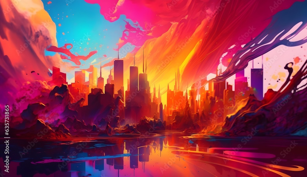 Fototapeta premium City colorful liquid acrylic paint, colored, bright iridescent evening sunset