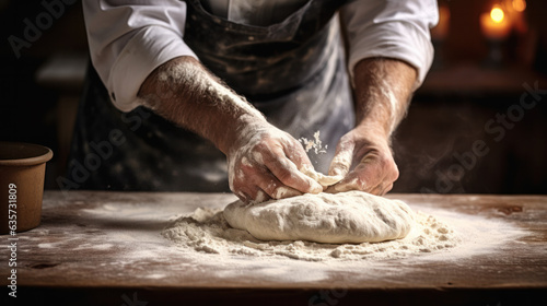 Beautiful and strong mens hands knead the dough make bread, pasta or pizza. Powdery flour flying into air. chef hands with flour in freeze motion of cloud of flour midair