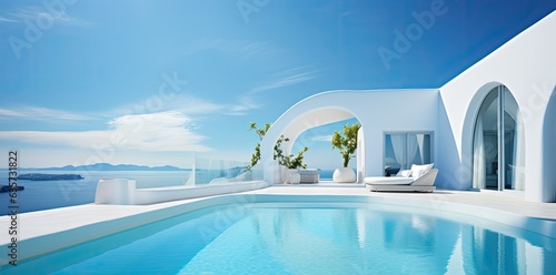 white greek house near the ocean with outdoor swimming pool (Generative AI)