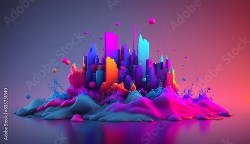 City colorful liquid acrylic paint, colored, bright iridescent evening sunset