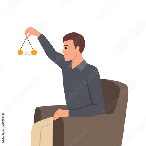 Man psychotherapist hypnotizes woman patient using pendulum to solve psychological problems in subconscious. Guy hypnotizes. Flat vector illustration isolated on white background