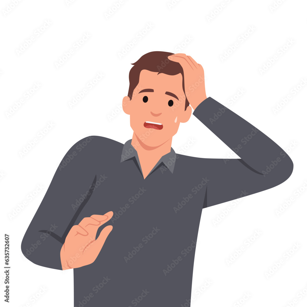 Panic. A man expresses emotions of anxiety and shock. Stress and anxiety. Amazed guy character. Flat vector illustration isolated on white background Panic. A man expresses emotions of anxiety and shock. Stress and anxiety. Amazed guy character. Flat vector illustration isolated on white background