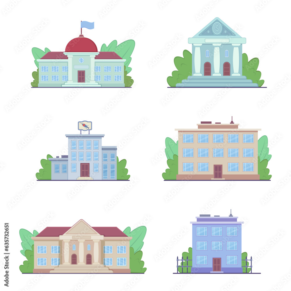 Different public service buildings vector illustrations set. Collection of drawings of facades of bank, court, city hall, hospital, financial institutions. Banking, finances, architecture concept