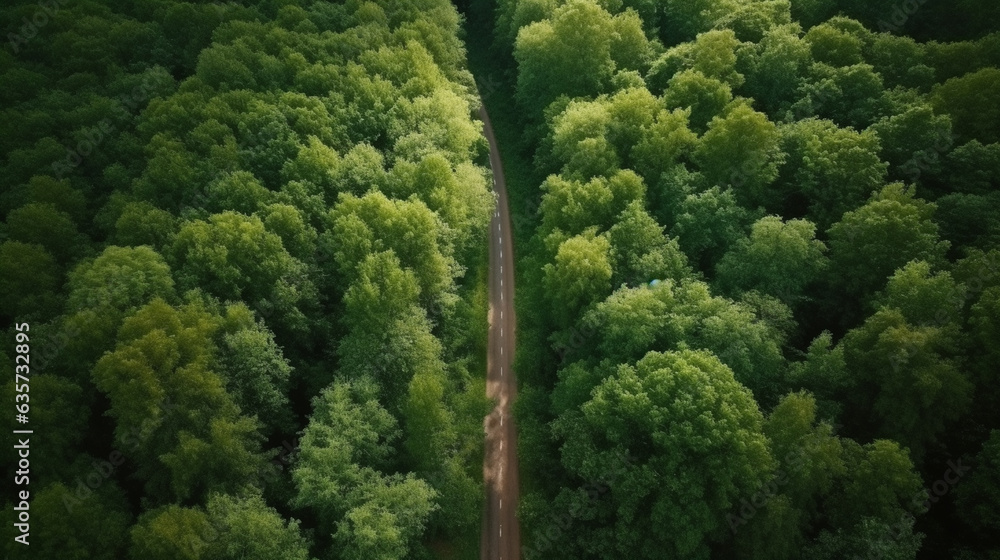 From above drone view of green lush forest with asphalt road in the middle. Generative AI From above drone view of green lush forest with asphalt road in the middle. Generative AI