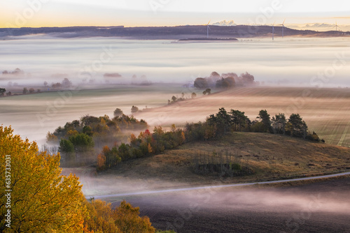 Fototapeta Naklejka Na Ścianę i Meble -  View of a rural landscape with morning fog in autumn