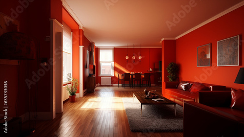 a beautiful new apartment with red color schemes. Generative AI