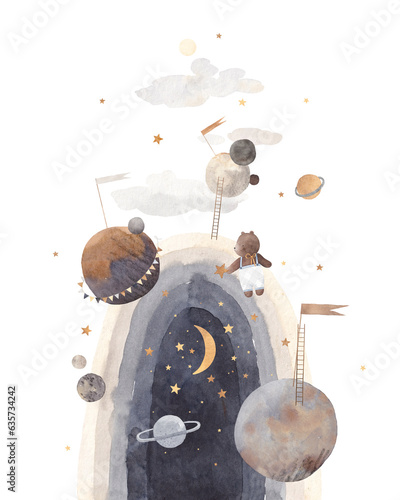 Space rainbow, planets, moon, little bear among the stars. Decor for a children's room. Watercolor illustration.