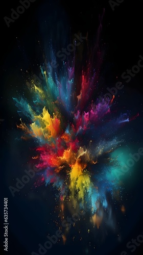 Vibrant colorful explosion of color paint  isolated black background  abstract splash design wallpape