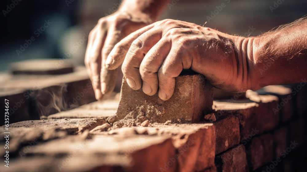 Construction worker laying bricks and building barbecue in industrial site. Detail of hand adjusting bricks. Generative Ai Construction worker laying bricks and building barbecue in industrial site. Detail of hand adjusting bricks. Generative Ai