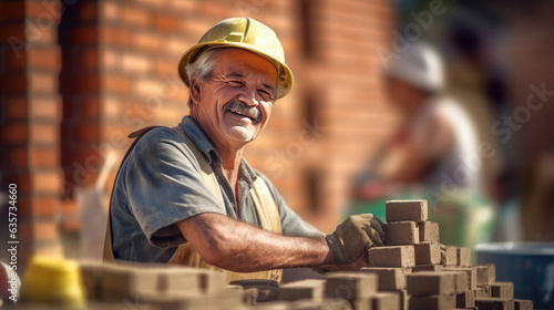 Happy bricklayer installing bricks on construction site. Generative Ai