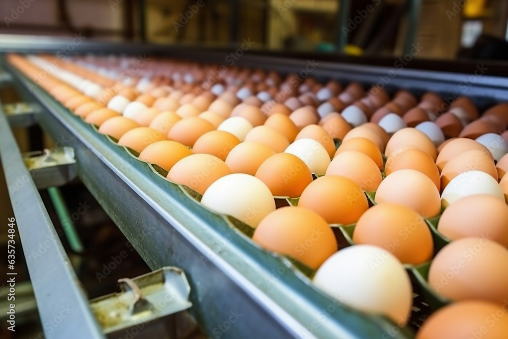 Chicken eggs move along a conveyor in a poultry farm. Food industry concept, chicken egg production. Chicken eggs move along a conveyor in a poultry farm. Food industry concept, chicken egg production.