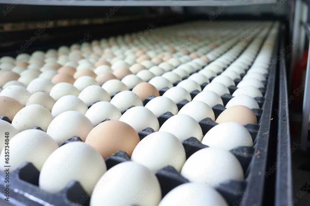 Chicken eggs move along a conveyor in a poultry farm. Food industry concept, chicken egg production.