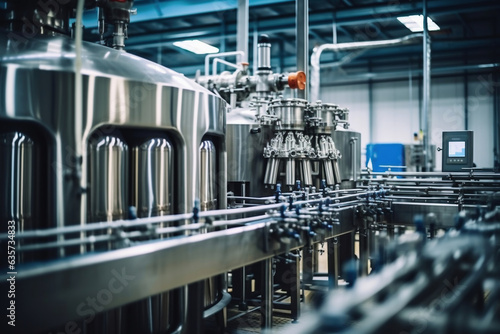 Fermentation mash vats or boiler tanks in a brewery factory. Brewery plant interior. Factory for the production of beer. Modern production of draft drinks. Selective focus.