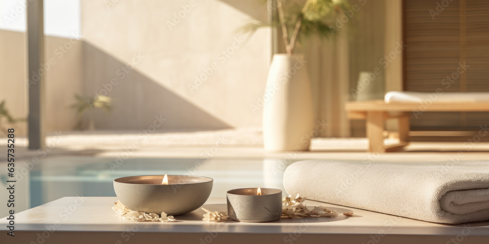 Beautiful spa scene for wellness and massage treatments with candles at the pool of a luxury resort