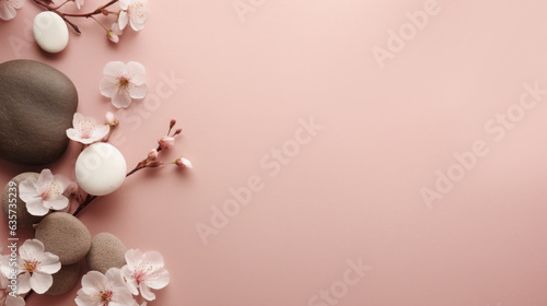 White cherry blossoms on blush background with large space for text or copy