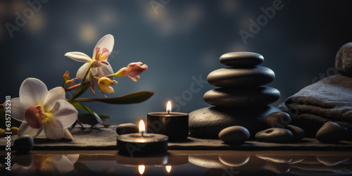 Leinwand Poster Moody picture of a zen inspired spa scene with candles on a dark background