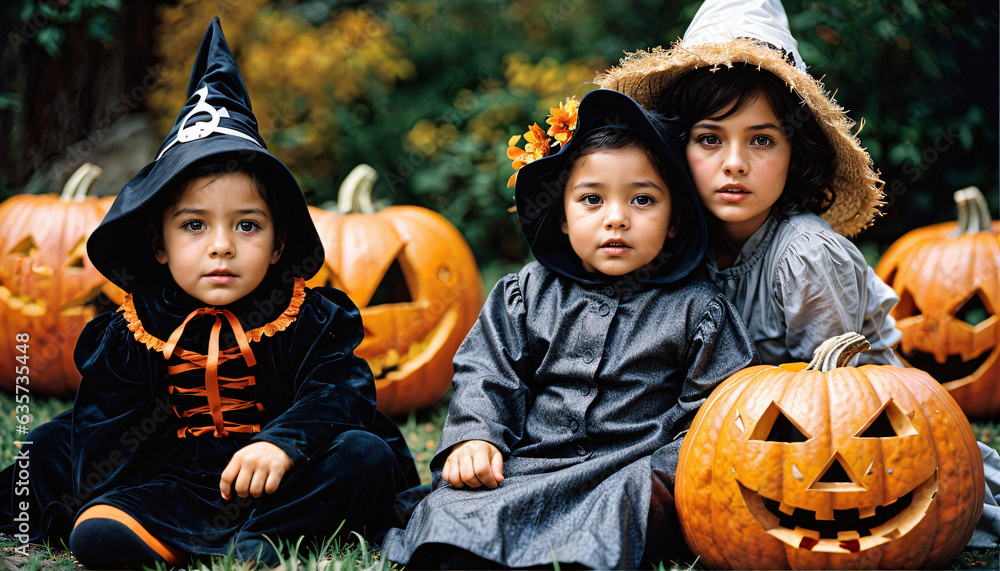 three children in Halloween costumes as witches with hats sitting with curved pumpkins, spooky Halloween. generative AI three children in Halloween costumes as witches with hats sitting with curved pumpkins, spooky Halloween. generative AI