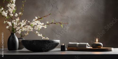 Elegant spa scene with flowers and objects for beauty treatments with natural earth tones