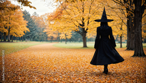 back photo of Halloween withch wearing black costume and hat, walking in a autumn park with leaves and trees, generative AI photo