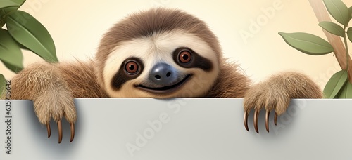 Cartoon sloth with tropical flair. Primate  tree  Madagascar. Concept of wildlife and habitat.