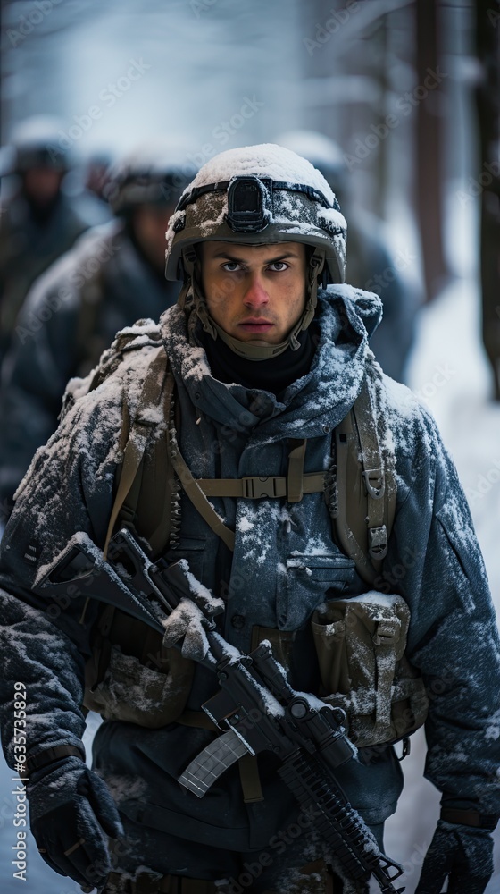 swedish soldier walking in the snow (Generative AI) swedish soldier walking in the snow (Generative AI)