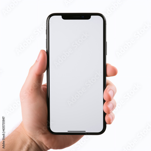 Black mobile in hand white screen on white backgoround closeup  photo