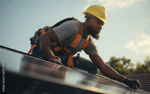 Black african american dark-skinned engineer instal a solar cell on a roof. Solar panels on roof. Workers installing solar cell farm power plant eco technology.