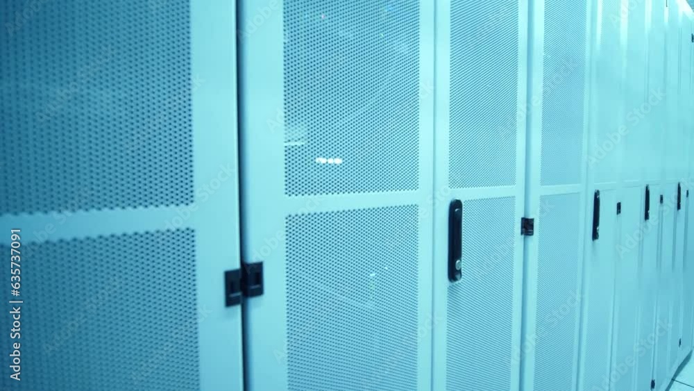 server room. Realistic LED lights are flashing blue and black animation