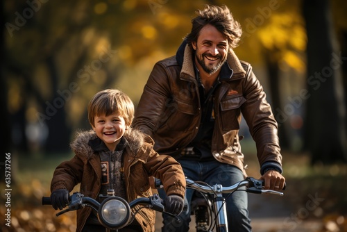 Dad and son riding bicycles in the autumn park. Man helping child to learn bike. Family values, child support, fathers day concept. Selective focus.