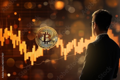 silouet of a investor bitcoin, bitcoin gold coins in blurred chart background photo