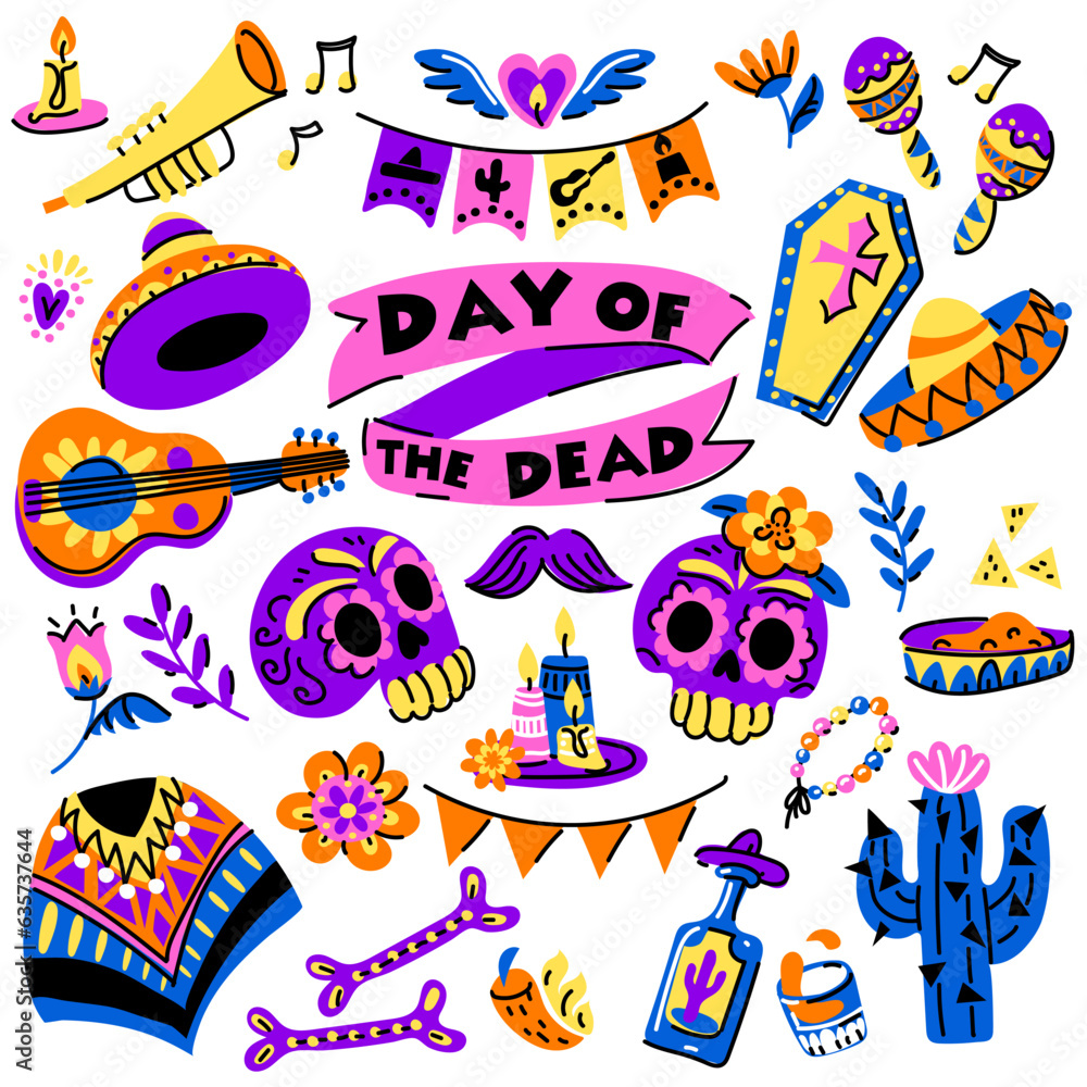 A set for Muertos with a skull. The Feast of the Dead on Mexico Day. Skull, candles, guitar, maracas, flags, flowers on a white background. Theme memorial day, day of the dead, Halloween A set for Muertos with a skull. The Feast of the Dead on Mexico Day. Skull, candles, guitar, maracas, flags, flowers on a white background. Theme memorial day, day of the dead, Halloween