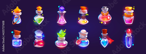 Game assets set of glass bottles with magic potion and elixir. Cartoon vector illustration of flasks with glowing neon colored spells. Wizard or alchemist transparent vials with poison and antidote.