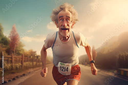 An elderly man runs a marathon. Grandfather jogging in the park. Sports for the elderly