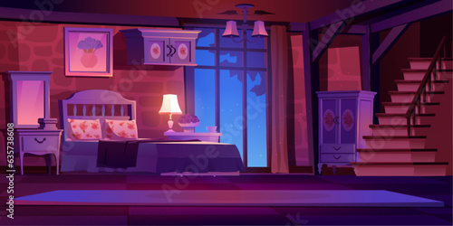 Castle bedroom interior at night vector illustration. Antique bed, mirror, dressing wardrobe and stairs in room with scattered magic light glow at nighttime. Luxury palace apartment indoor game