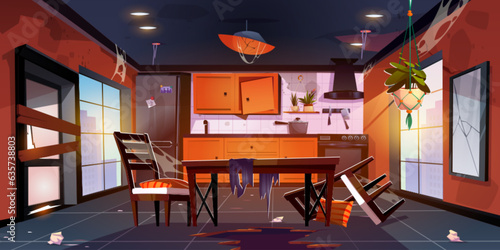Destroyed kitchen interior in urban apartment. Vector cartoon illustration of abandoned dining room with broken furniture, messy floor, dust, stains, cobweb on household appliance, city view in window