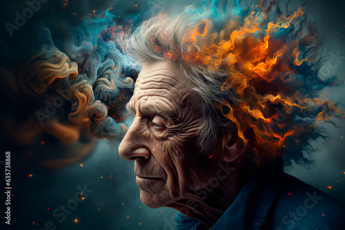 An elderly person and his brain art. Concept of Alzheimer's disease, dementia. AI Generated