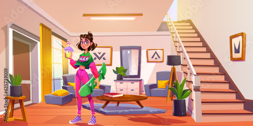 Teen girl with skate in house living room background design. Modern home livingroom interior illustration with couch, armchair and mirror. Young female character hold bubble tea near entrance door