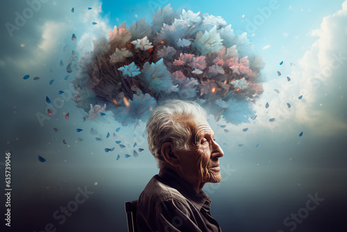 An elderly person and his brain art. Concept of Alzheimer's disease, dementia